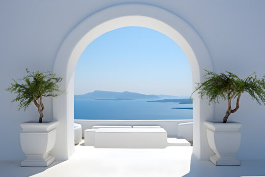 Fototapeta minimalism arch gate view to the sea beach living santorini island style. generative ai.