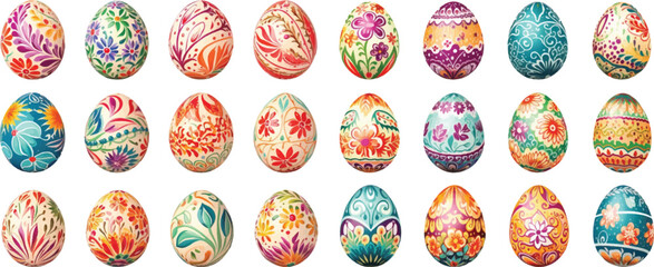 Set of watercolor Easter eggs on white background.