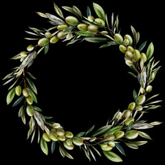 Watercolor wreath with olive berries and green leaves. - 684518306