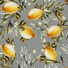 Watercolor seamless pattern with lemons and green olive leaves.