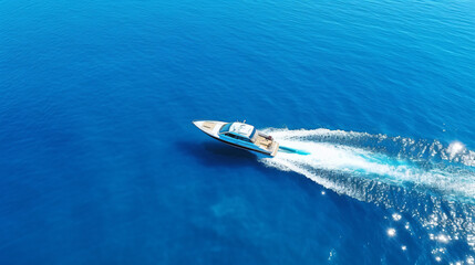 Aerial view of the speed boat in clear blue water