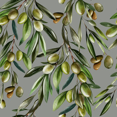 Watercolor seamless pattern with olives and green leaves.