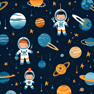 Craft a seamless pattern with adorable astronauts, planets, rockets, and stars for a charming outer space theme, PNG, 300 DPI