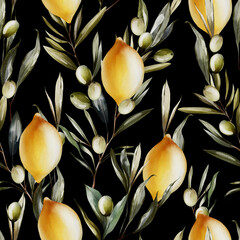 Watercolor seamless pattern with lemons and green olive leaves.