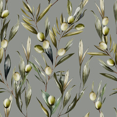 Watercolor seamless pattern with olives and green leaves. - 684518926