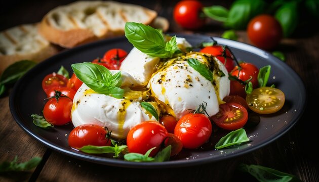 Delicious italian caprese salad with tomatoes, Caprese salad with mozzarella cheese, tomatoes and basil