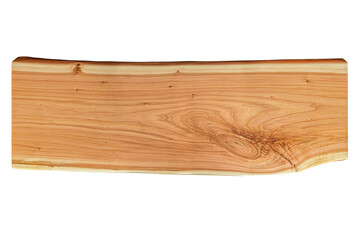 Live edge wooden board with beautiful grain and knots isolated on white background. Upper view