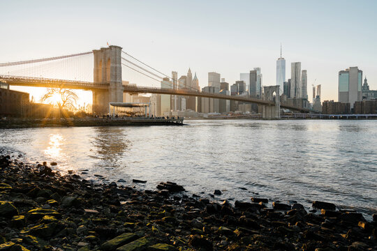 Fototapeta Manhattan skyline and Brooklyn bridge from Dumbo district, New York City