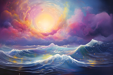 Oil painting artistic image of floating sea waves in the clouded sky with rainbow colours of universe and glow stars. generative ai.