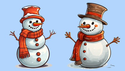 cartoon snowman with scarf and hat on winter background illustration for children. blue sky background with snowflakes