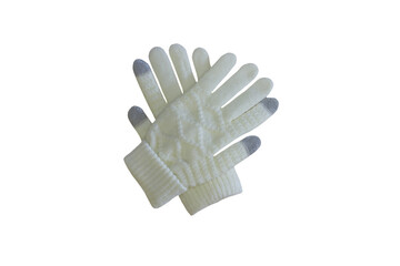 Obraz premium pair of white woollen gloves isolated, modern winter gloves on a white background, gloves for a smartphone