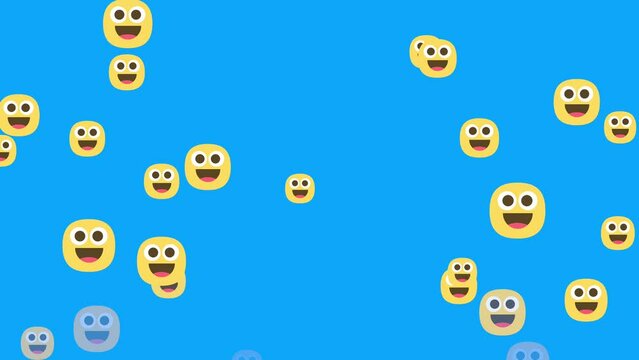 Group of smiling emojis in motion on a blue background