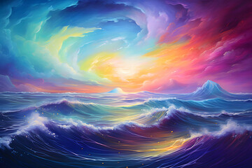Oil painting artistic image of floating sea waves in the clouded sky with rainbow colours of...