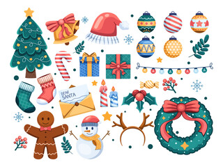 Vector illustration set showcasing a collection of Christmas elements and objects, from iconic wreaths to Christmas trees, baubles, gifts, and more. Ideal for bringing Christmas cheer to your projects