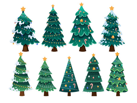 Christmas trees vector illustration set showcasing a diverse collection of beautifully decorated pine trees. From traditional to modern designs, these festive trees add charm and cheer to any design.