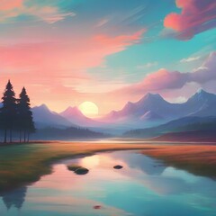 Fototapeta premium sunset over the lake generativeAI