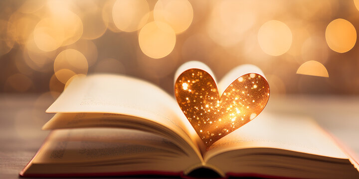 A dreamy image of an open book with glowing hearts radiating from its pages,,
Love and wisdom illuminate the pages of a romantic book Generative Ai