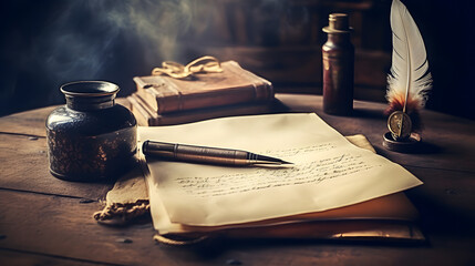 Old fountain pen, and old paper blank sheet and vintage inkwell on wooden desk in the old office . Retro style. Conceptual background on history, education, literature topics. generative ai.
