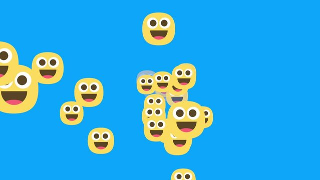 Group of smiling emojis in motion on a blue background