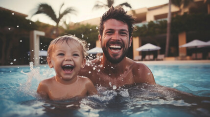 Father with his child playing in the pool - obrazy, fototapety, plakaty