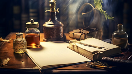 Old fountain pen, and old paper blank sheet and vintage inkwell on wooden desk in the old office . Retro style. Conceptual background on history, education, literature topics. generative ai. - obrazy, fototapety, plakaty