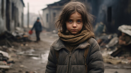 Portrait of a little girl against the backdrop of a bombed city