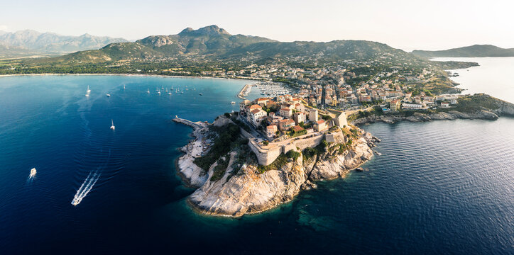France, Haute-Corse, Calvi, Aerial view of town on shore of Corsica island