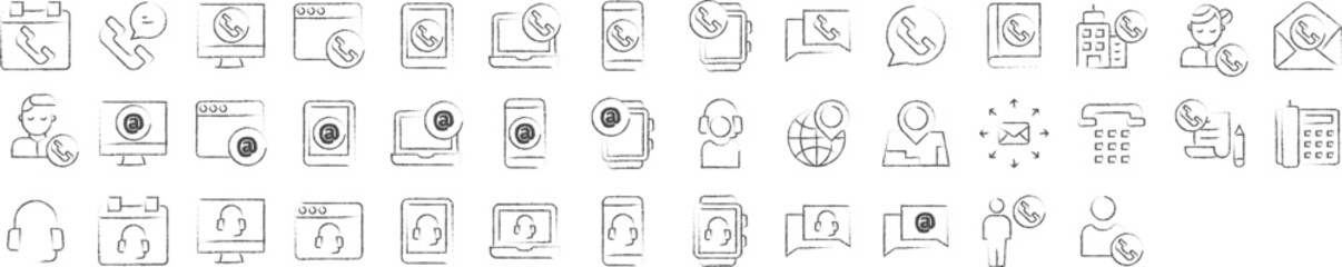 Contact Us hand drawn icons set, including icons such as Call, Calendar, Email, Contact us, Help Line, and more. pencil sketch vector icon collection