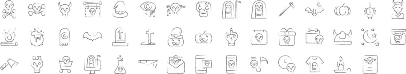 halloween and spirits hand drawn icons set, including icons such as Bat, Candle, Evil, Flask, Ghost, Head, and more. pencil sketch vector icon collection