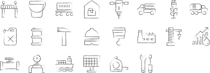Construction work hand drawn icons set, including icons such as Barrier, Bouquet, Delivery, Driller, Dumper, Fuel, and more. pencil sketch vector icon collection