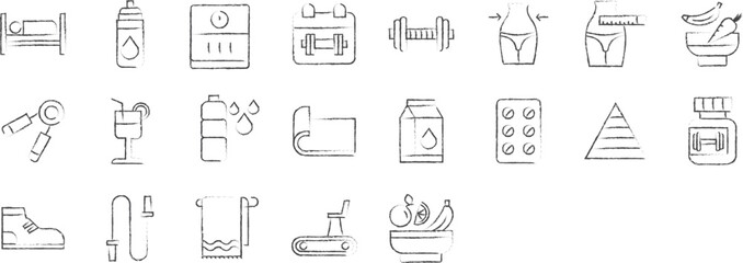 Gym fitness hand drawn icons set, including icons such as Bottle, Broccoli, Dumbbell, Fitness, and more. pencil sketch vector icon collection - obrazy, fototapety, plakaty