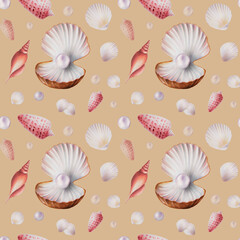 Watercolor seamless pattern with shells and pearls. Hand painting clipart underwater life objects on a white isolated background. For designers, decoration, postcards, wrapping paper, scrapbooking