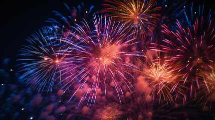 Vibrant fireworks display with bursts of red and blue against a night sky