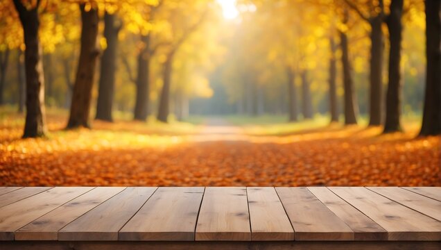 empty wooden table with blurred autumn background