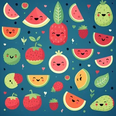Foto op Aluminium Create a pattern featuring adorable, stylized fruits like watermelons and in playful poses, PNG, 300 DPI Create a pattern featuring adorable, stylized fruits like watermelons and in playful poses, PNG © AnniePatt
