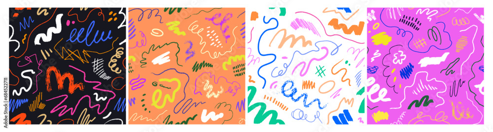 Aufkleber abstract doodle backgrounds, seamless patterns set. repeating scribble lines, hand-drawn shapes, end