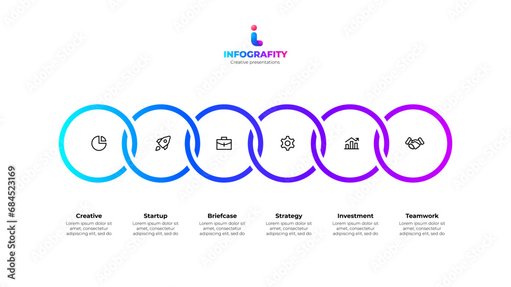 Poster Six rings for business presentation. Process visualization or timeline. Vector infographic design template with 6 options or steps