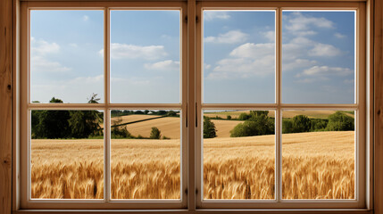 A window that has a view of a field outside of it.
