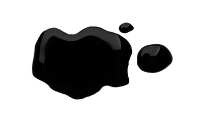 Blots of black liquid on white background, top view