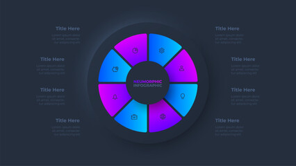 Dark cycle neumorphism diagram divided into 8 sectors. Circle infographic design template