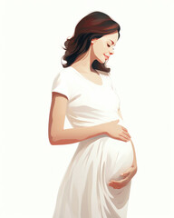 Pregnant woman hugs her big belly with her hands on a white background in a flat illustration style