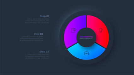 Dark cycle neumorphism diagram divided into 3 sectors. Circle infographic design template