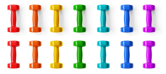 Set of images of dumbbells of different colors with and without shadows isolated on a transparent...
