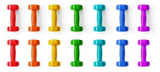 Set of images of dumbbells of different colors with and without shadows isolated on a transparent background. View from above.