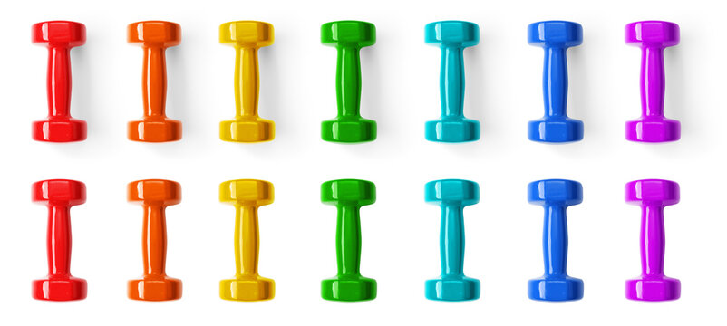 Set of images of dumbbells of different colors with and without shadows isolated on a transparent background. View from above.