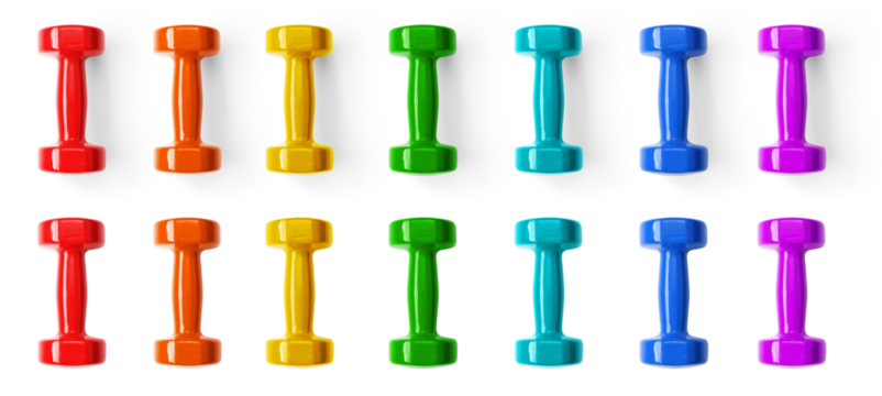 Set of images of dumbbells of different colors with and without shadows isolated on a transparent background. View from above.