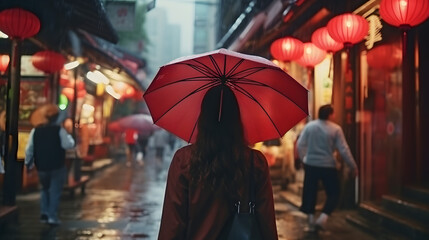 People woman walking in chinatown shopping street. Rainy day girl tourist under red oriental umbrella in narrow alleys on china travel in Shanghai. generative ai.
