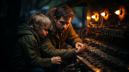 Anxious young daddy with his young son dressed with warm clothes inside a dark technical room without heating