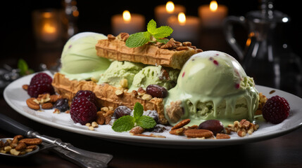 Close-up of Pistachio ice cream dessert like a Yule log with waffle pieces and some raspberries...