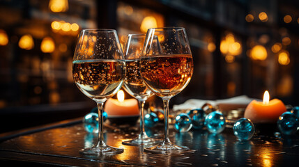 Close-up of three stemmed glasses with sparkling liquid and shiny decorations with two candle holders on a table in festive mood with a sparkle blurry night street background